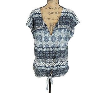 Lucky Brand Women sz L T Shirt Blue Geometric V Neck Cap Sleeve Knot Front